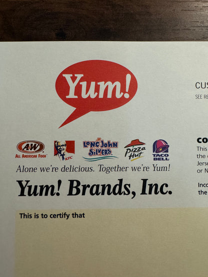 Yum! Brands Stock Certificate feat. KFC, Pizza Hut, and Taco Bell