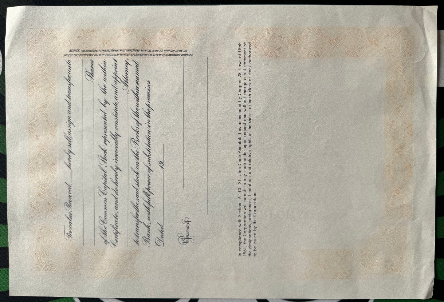 Zions Investment Corporation Stock Certificate (now Zions Bancorporation)