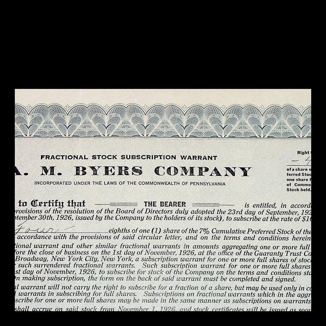 A. M. Byers Company Fractional Stock Subscription Warrant from 1926