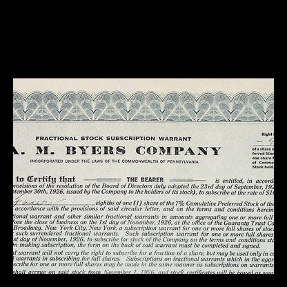 A. M. Byers Company Fractional Stock Subscription Warrant from 1926