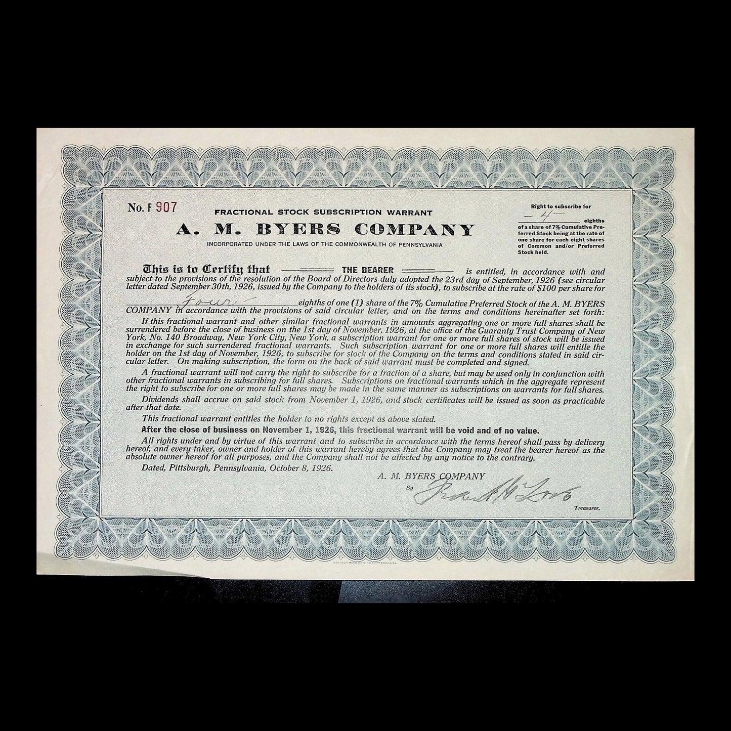 A. M. Byers Company Fractional Stock Subscription Warrant from 1926