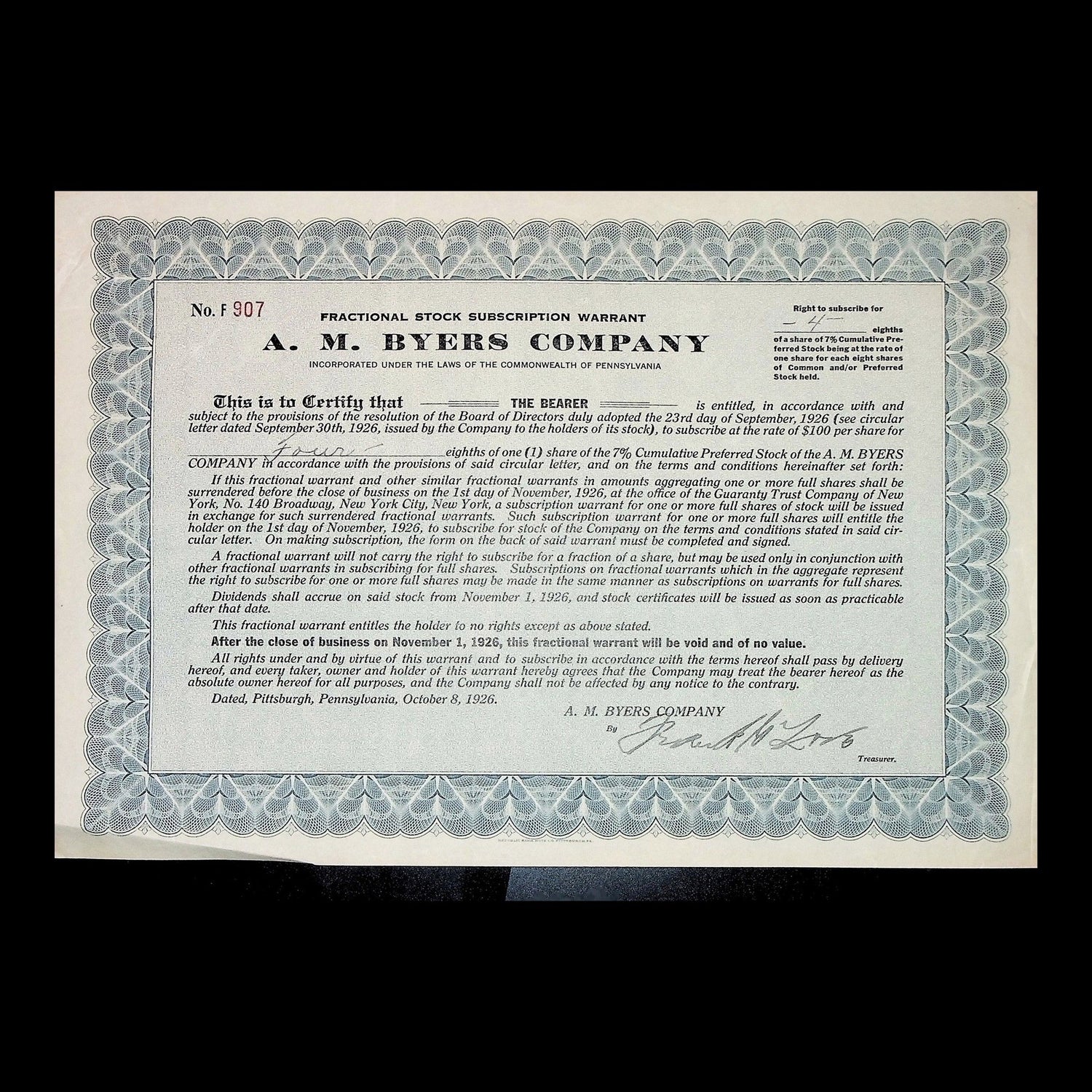 A. M. Byers Company Fractional Stock Subscription Warrant from 1926