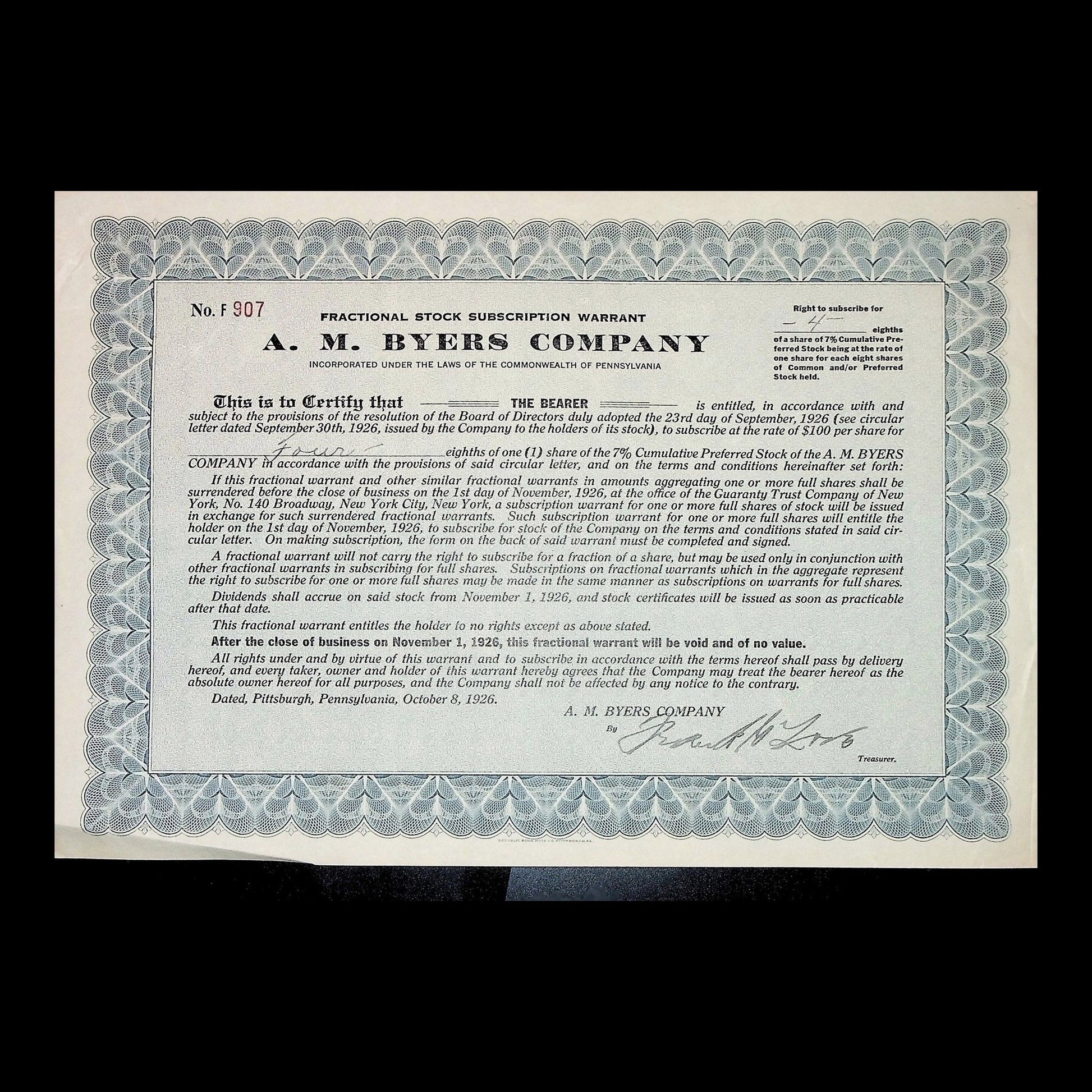 A. M. Byers Company Fractional Stock Subscription Warrant from 1926
