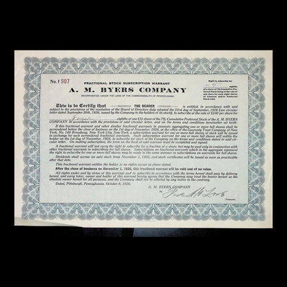 A. M. Byers Company Fractional Stock Subscription Warrant from 1926