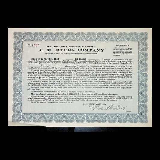 A. M. Byers Company Fractional Stock Subscription Warrant from 1926
