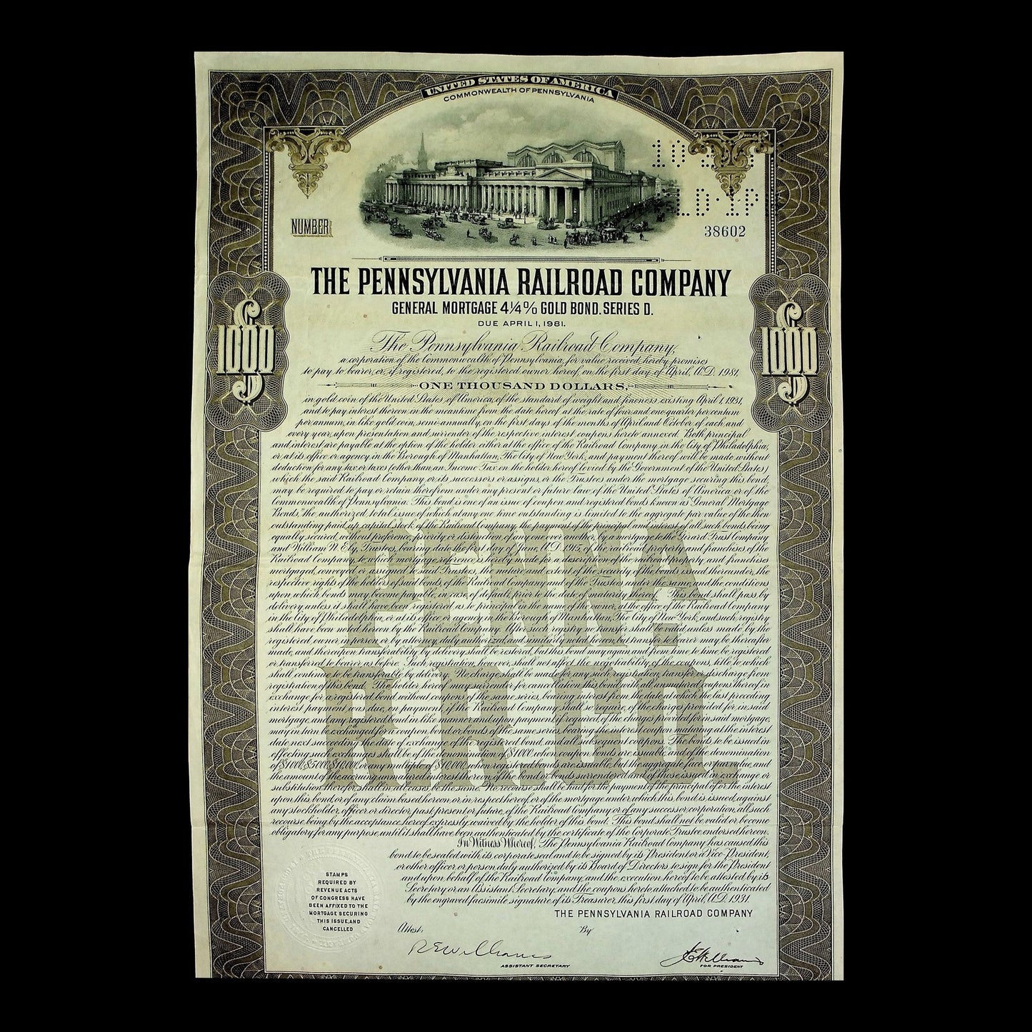Pennsylvania Railroad Company Bond from 1931 featuring Penn Station