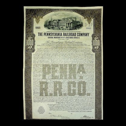 Pennsylvania Railroad Company Bond from 1931 featuring Penn Station