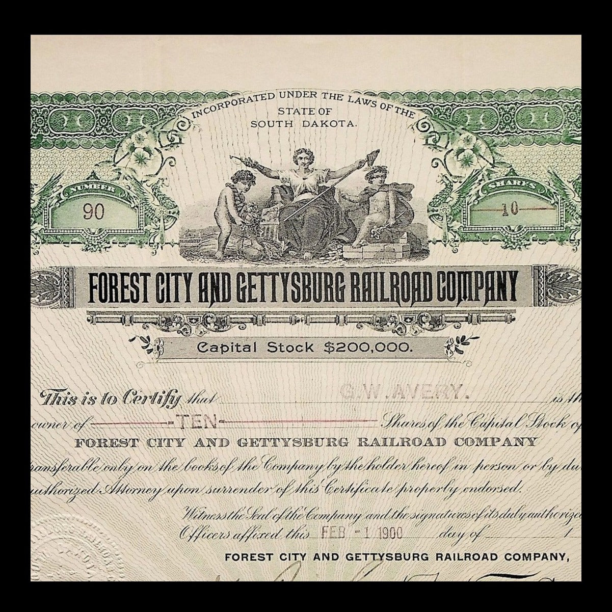 Forest City and Gettysburg Railroad Company Stock Certificate from 1900