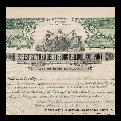 Forest City and Gettysburg Railroad Company Stock Certificate from 1900