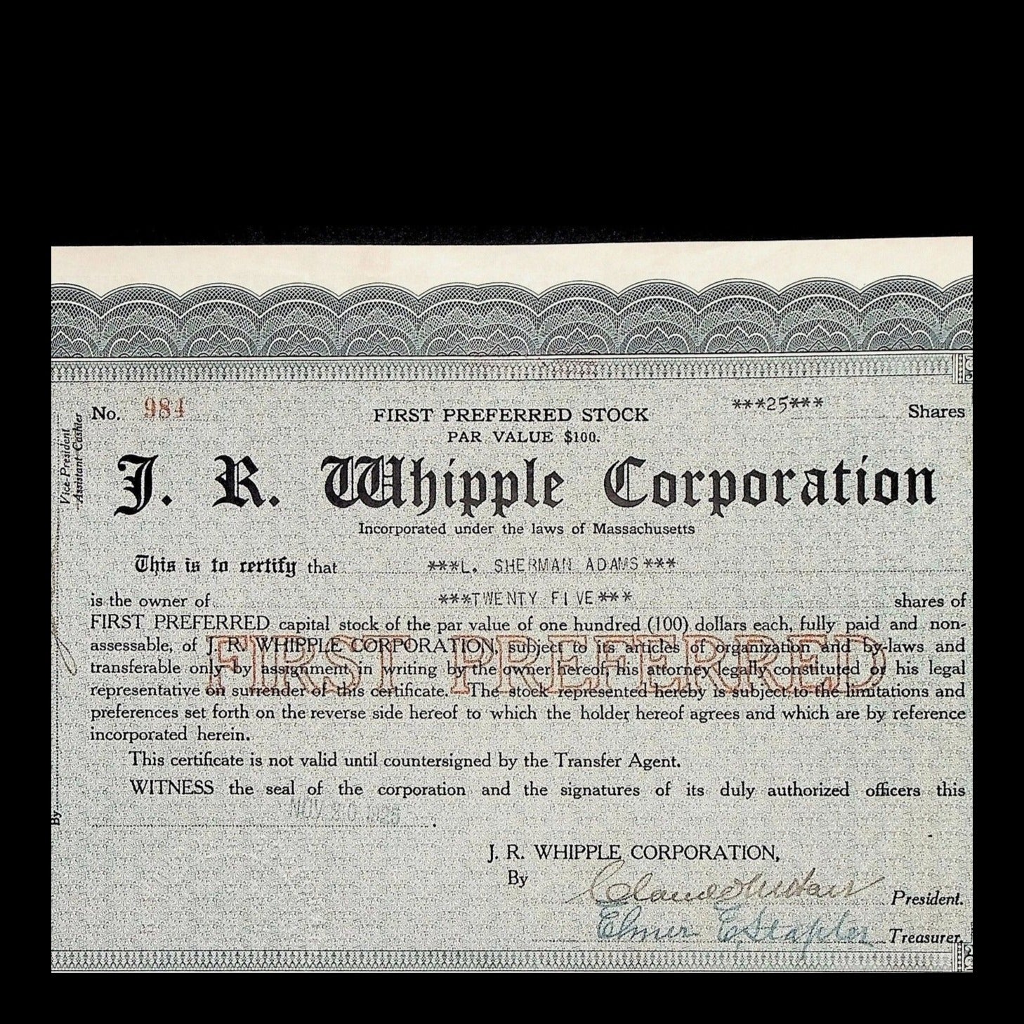 J. R. Whipple Corporation Stock Certificate from 1930