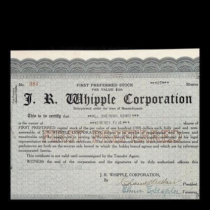 J. R. Whipple Corporation Stock Certificate from 1930