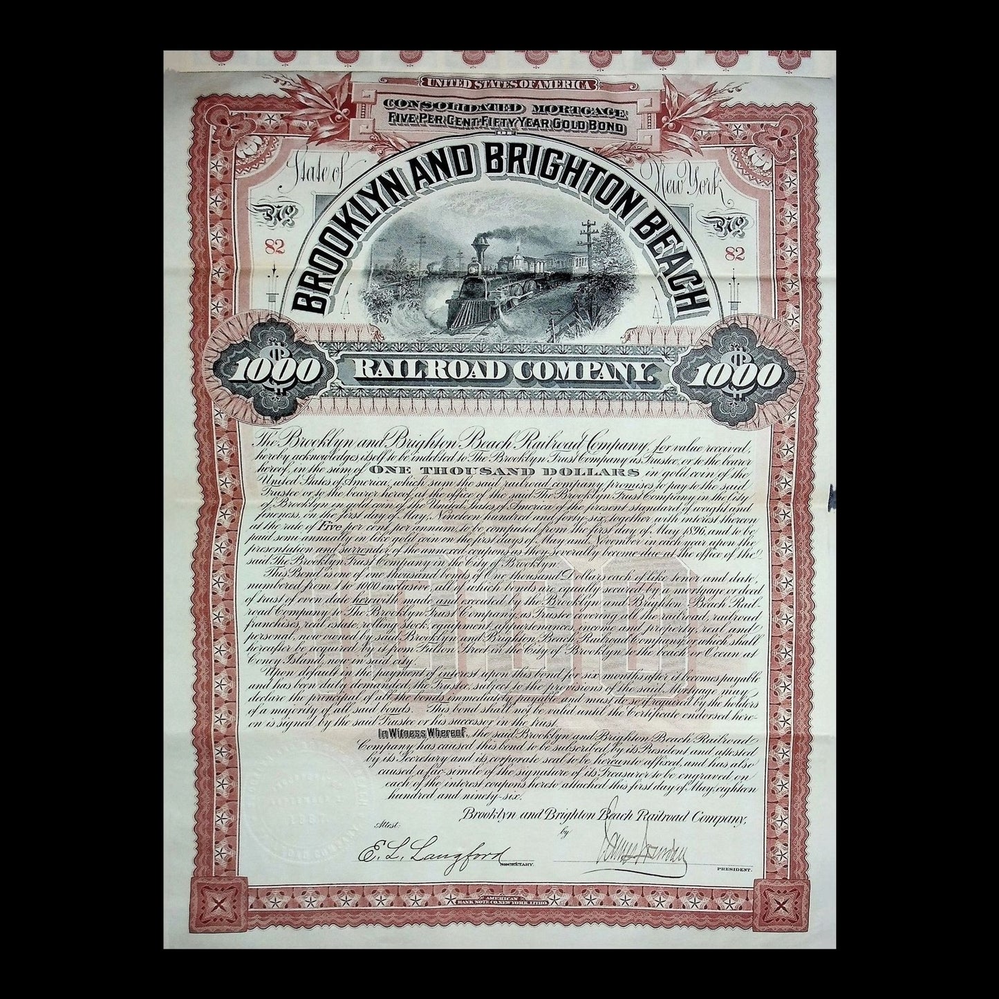 Brooklyn and Brighton Beach Railroad Company Bond 1896