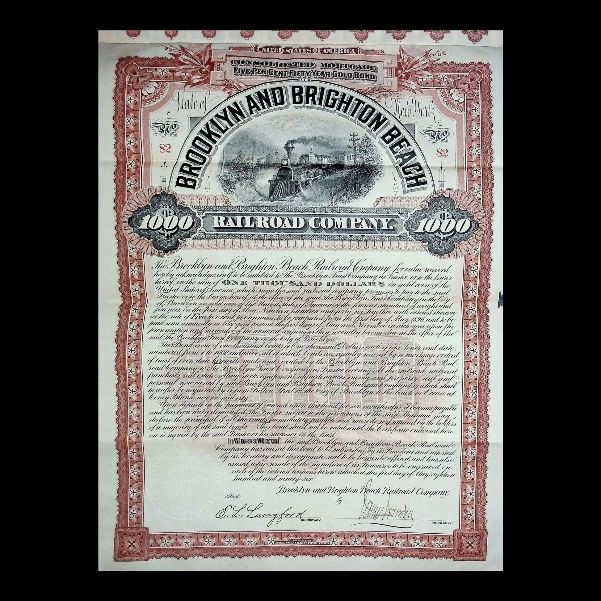 Brooklyn and Brighton Beach Railroad Company Bond 1896