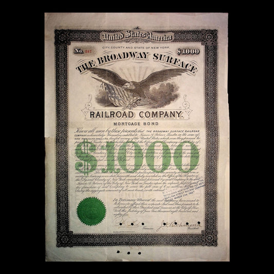 Broadway Surface Railroad Company Mortgage Bond from 1800s