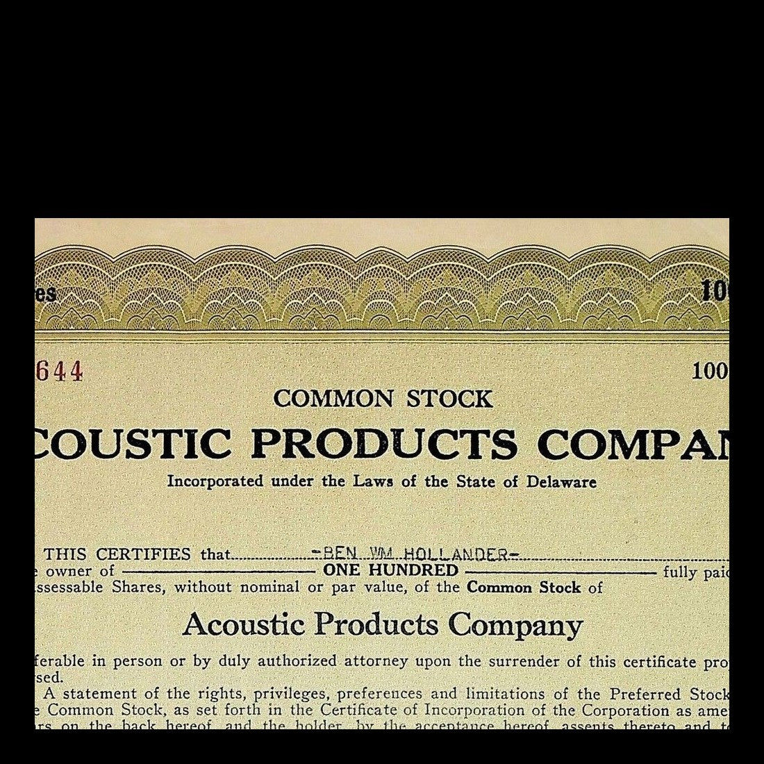 Acoustic Products Company Stock Certificate from 1928