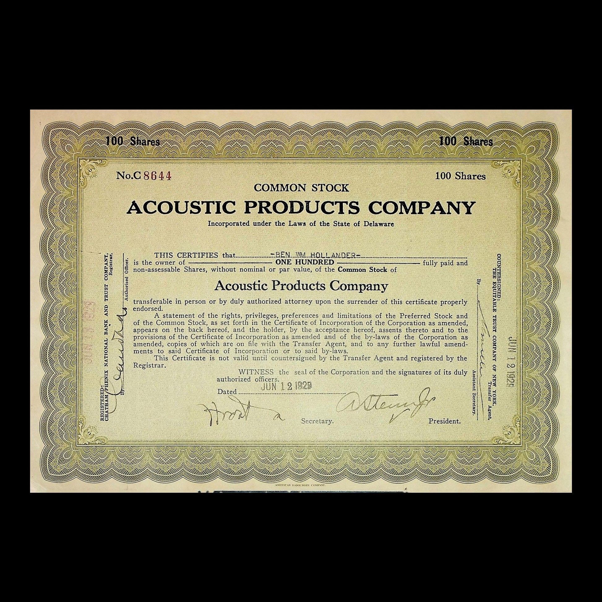 Acoustic Products Company Stock Certificate from 1928