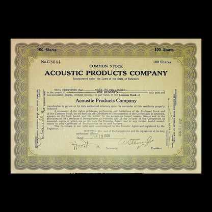 Acoustic Products Company Stock Certificate from 1928