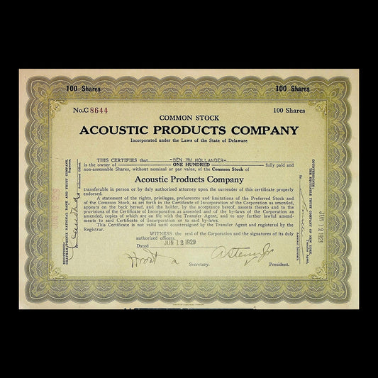 Acoustic Products Company Stock Certificate from 1928
