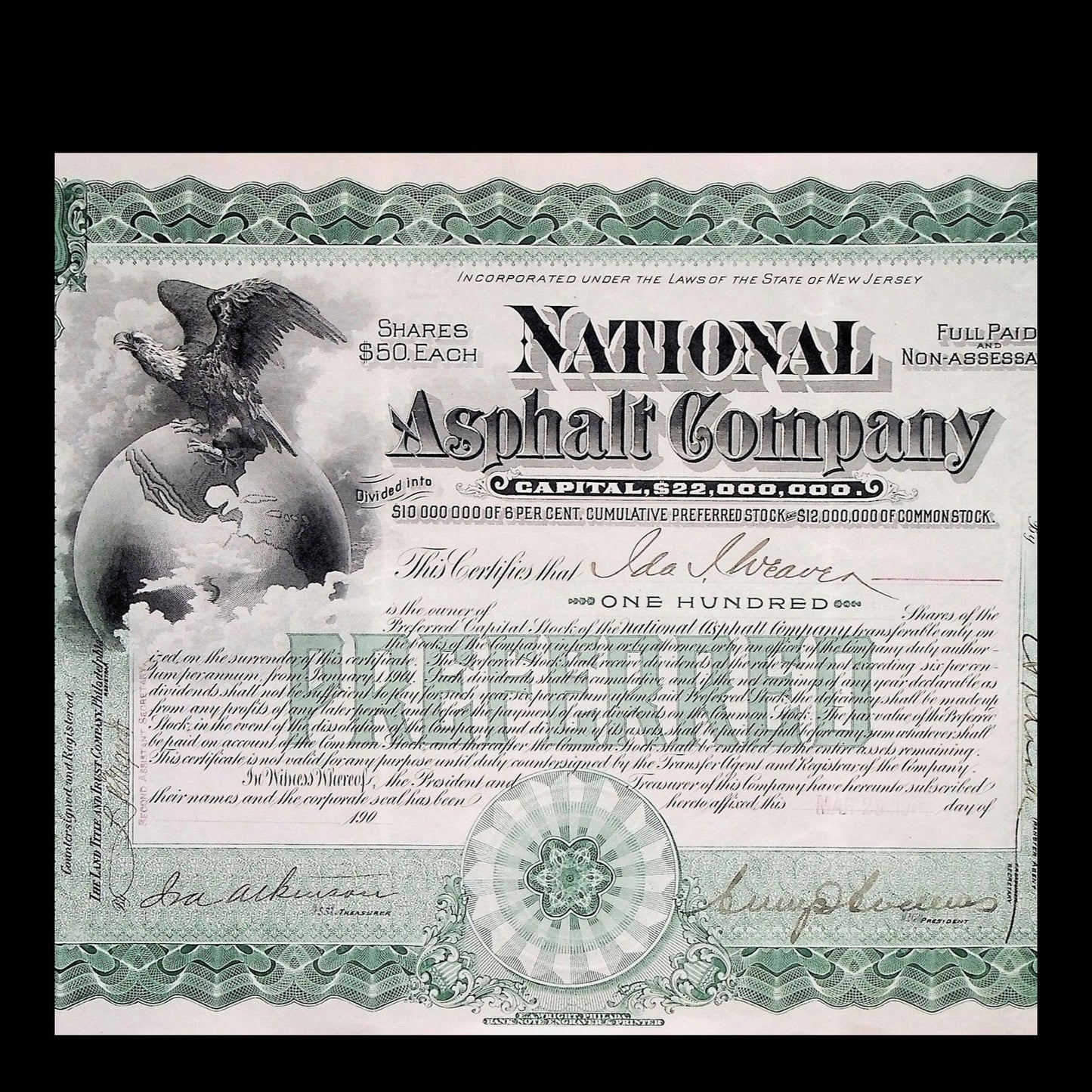 National Asphalt Company Stock Certificate from 1901