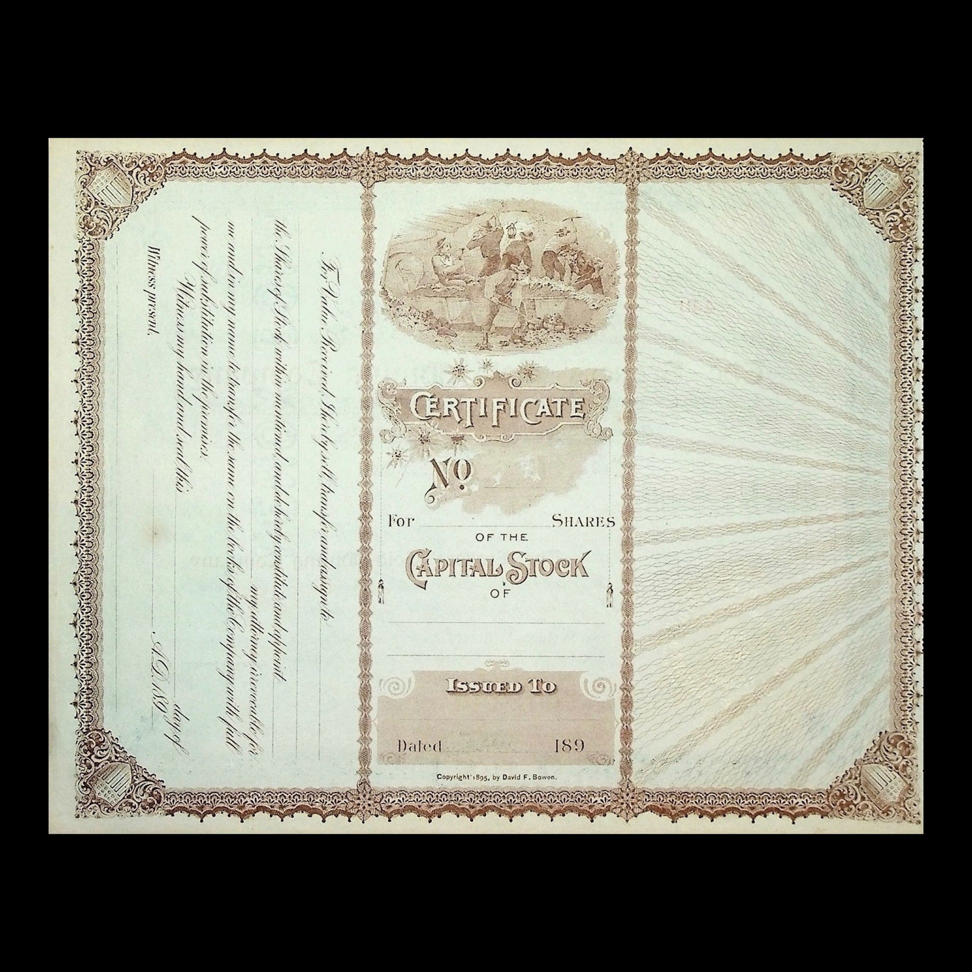 Unissued 1890s gold mining stock certificate with ornate brown borders, mining scene vignette, and light blue patterns.