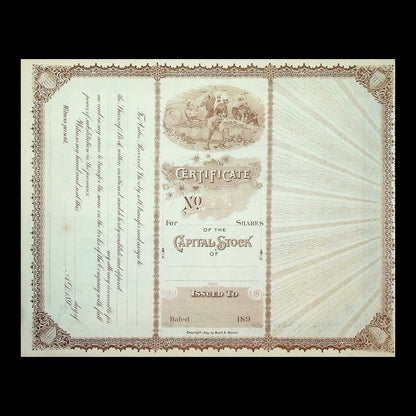 Unissued 1890s gold mining stock certificate with ornate brown borders, mining scene vignette, and light blue patterns.