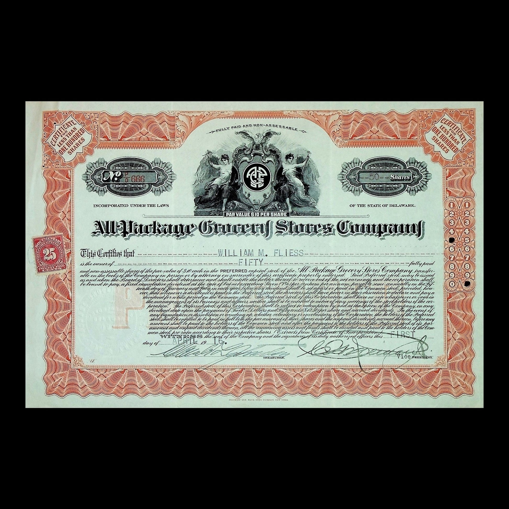 All Package Grocery Stores Company Stock Certificate from 1919