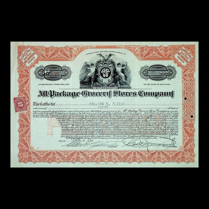 All Package Grocery Stores Company Stock Certificate from 1919