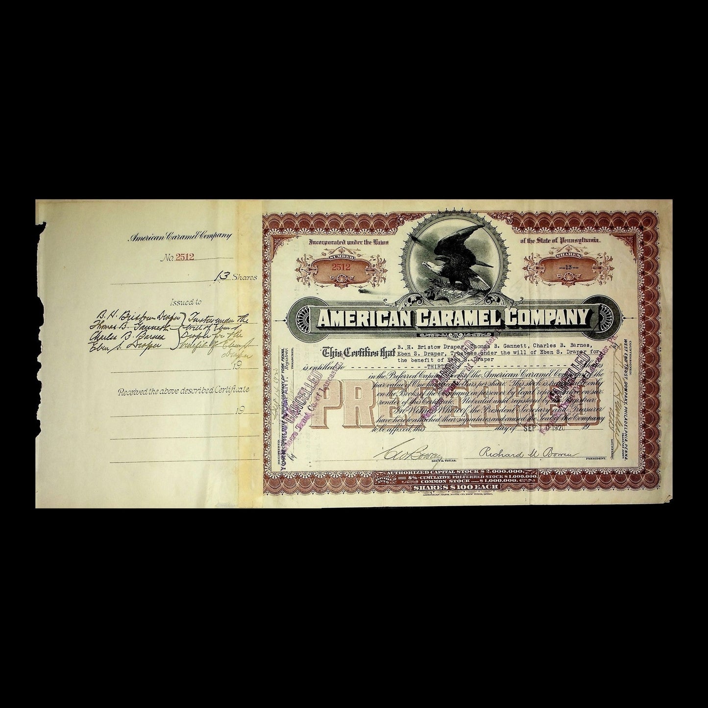 American Caramel Company Stock Certificate from Early 1900s