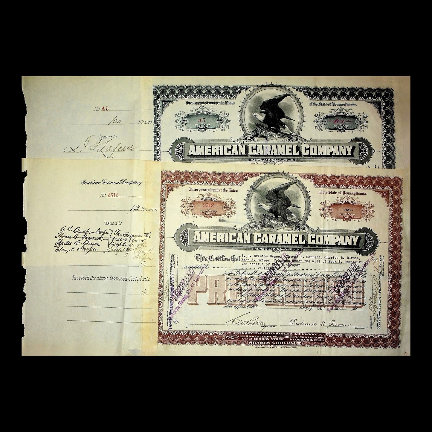 American Caramel Company Stock Certificate from Early 1900s
