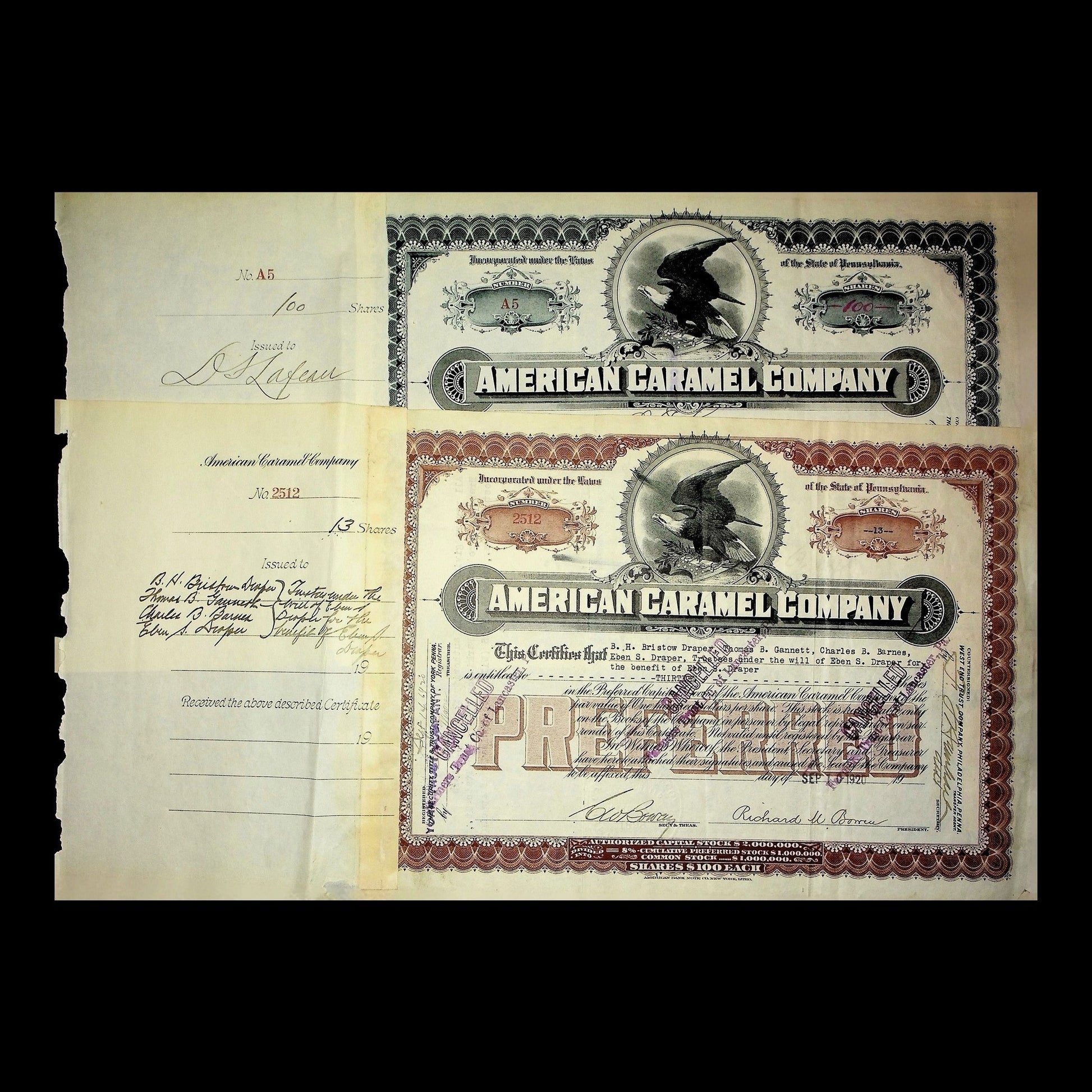 American Caramel Company Stock Certificate from Early 1900s