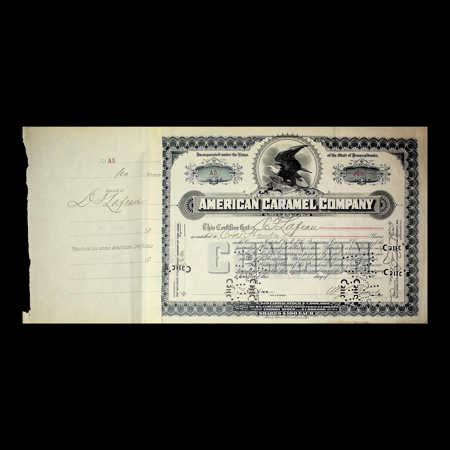 American Caramel Company Stock Certificate from Early 1900s
