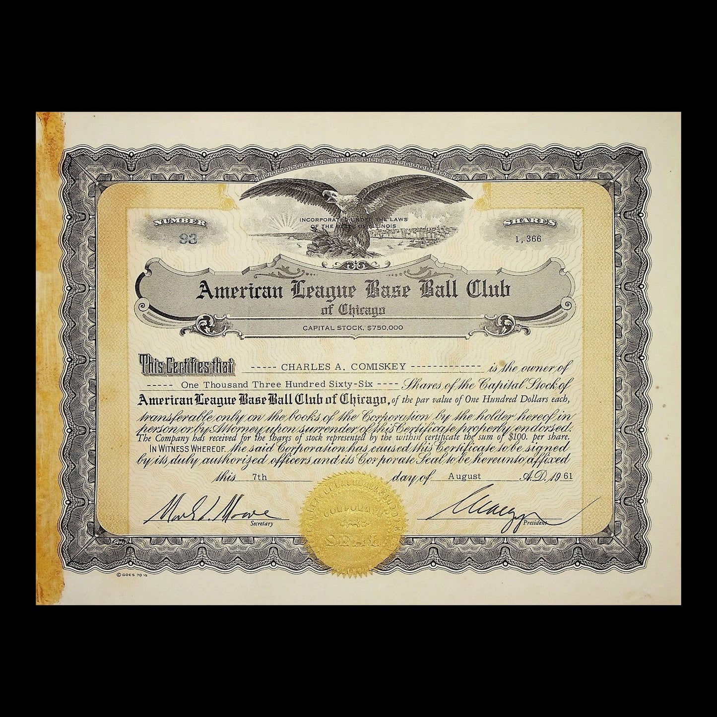 American League Base Ball Club Stock Certificate from 1961