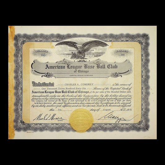 American League Base Ball Club Stock Certificate from 1961