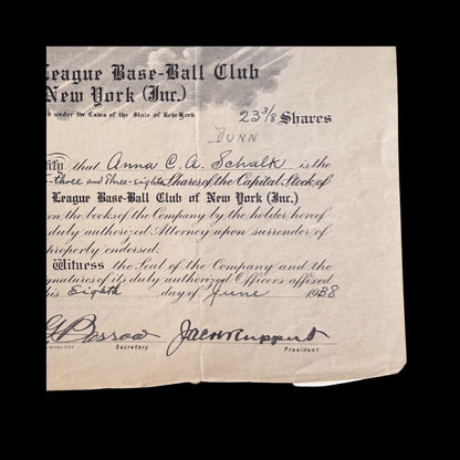 American League Base-Ball Club of New York Stock Certificate from 1928