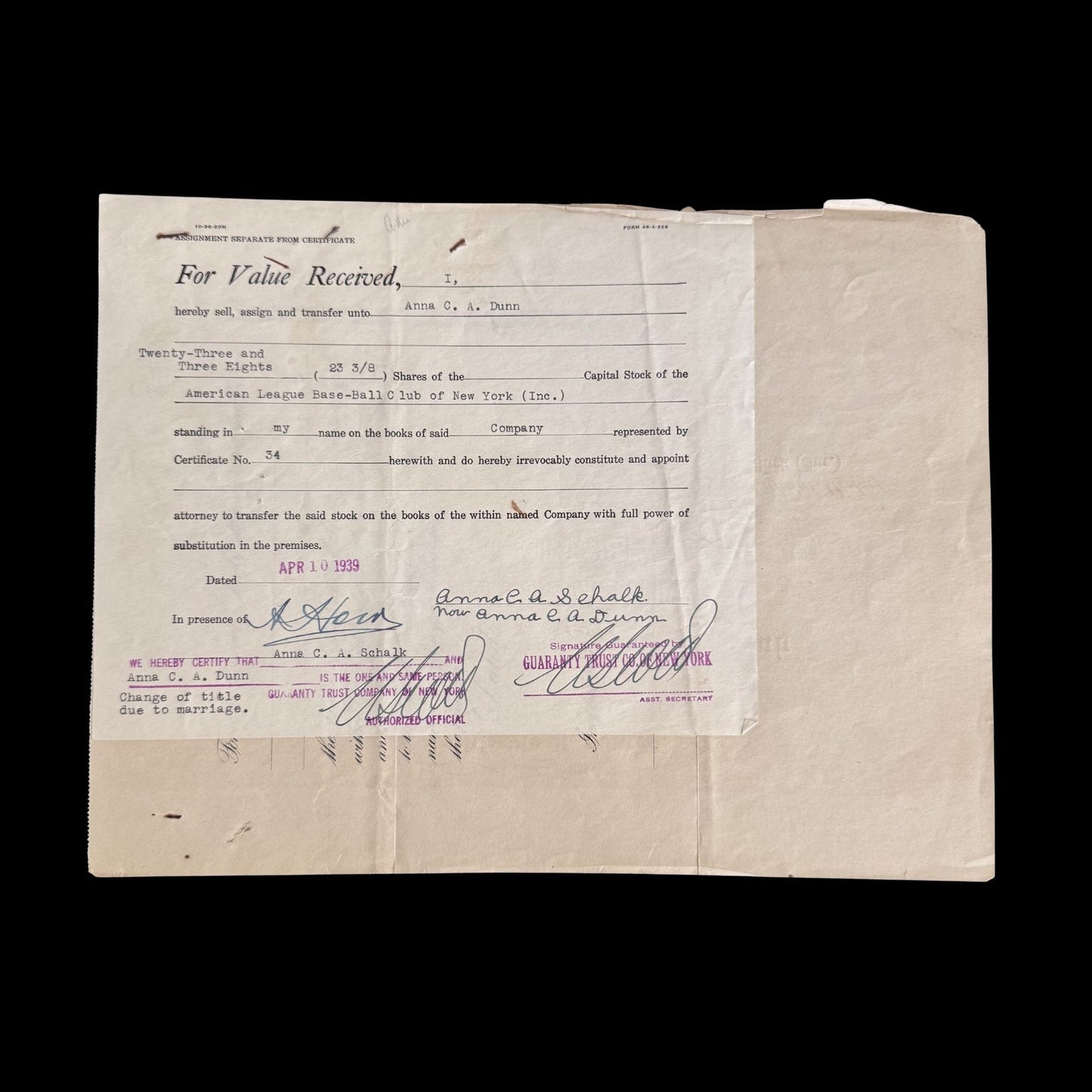 American League Base-Ball Club of New York Stock Certificate from 1928