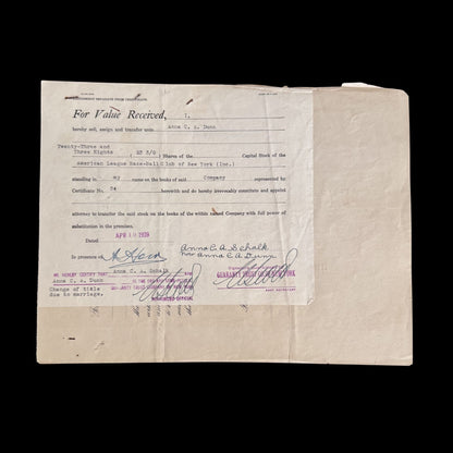 American League Base-Ball Club of New York Stock Certificate from 1928