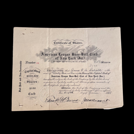 American League Base-Ball Club of New York Stock Certificate from 1928