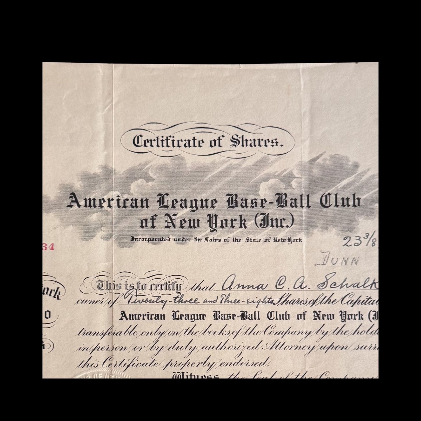 American League Base-Ball Club of New York Stock Certificate from 1928