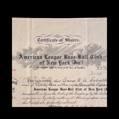 American League Base-Ball Club of New York Stock Certificate from 1928