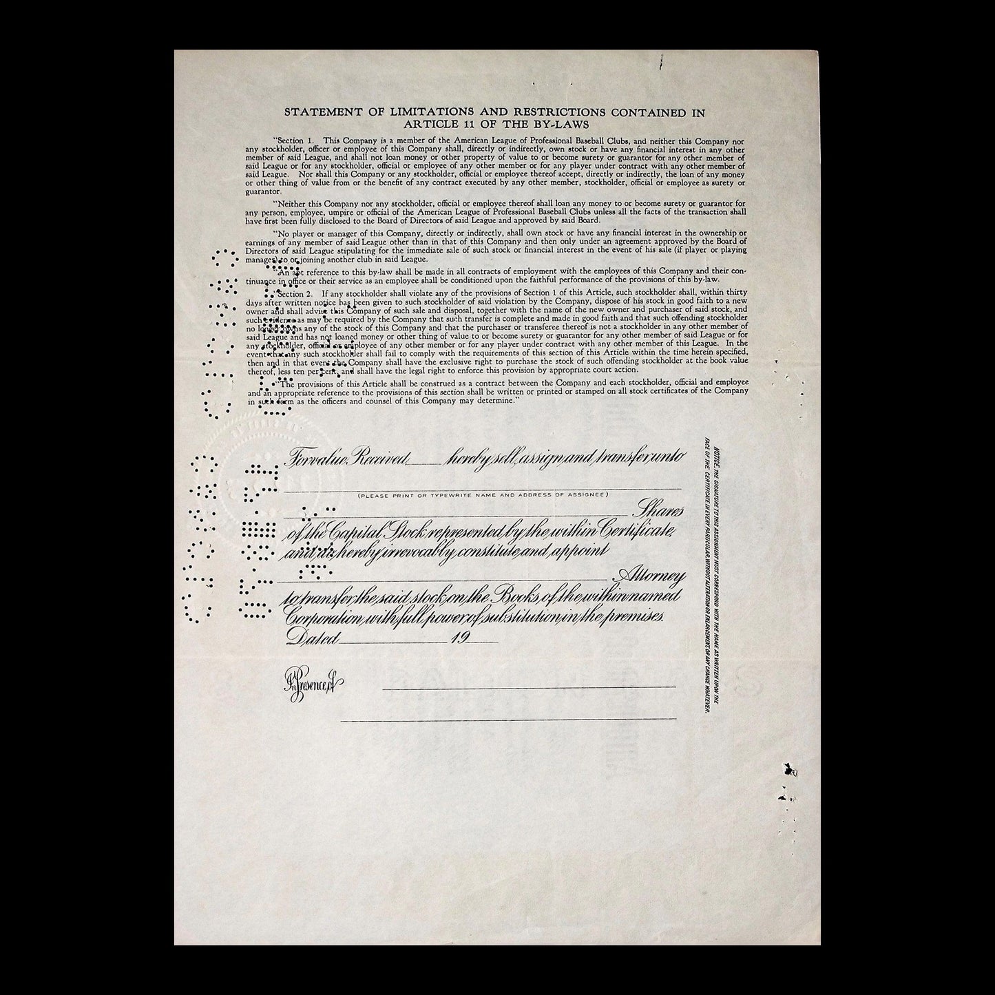 American League Baseball Company of St. Louis Stock Certificate