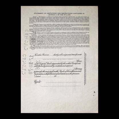 American League Baseball Company of St. Louis Stock Certificate