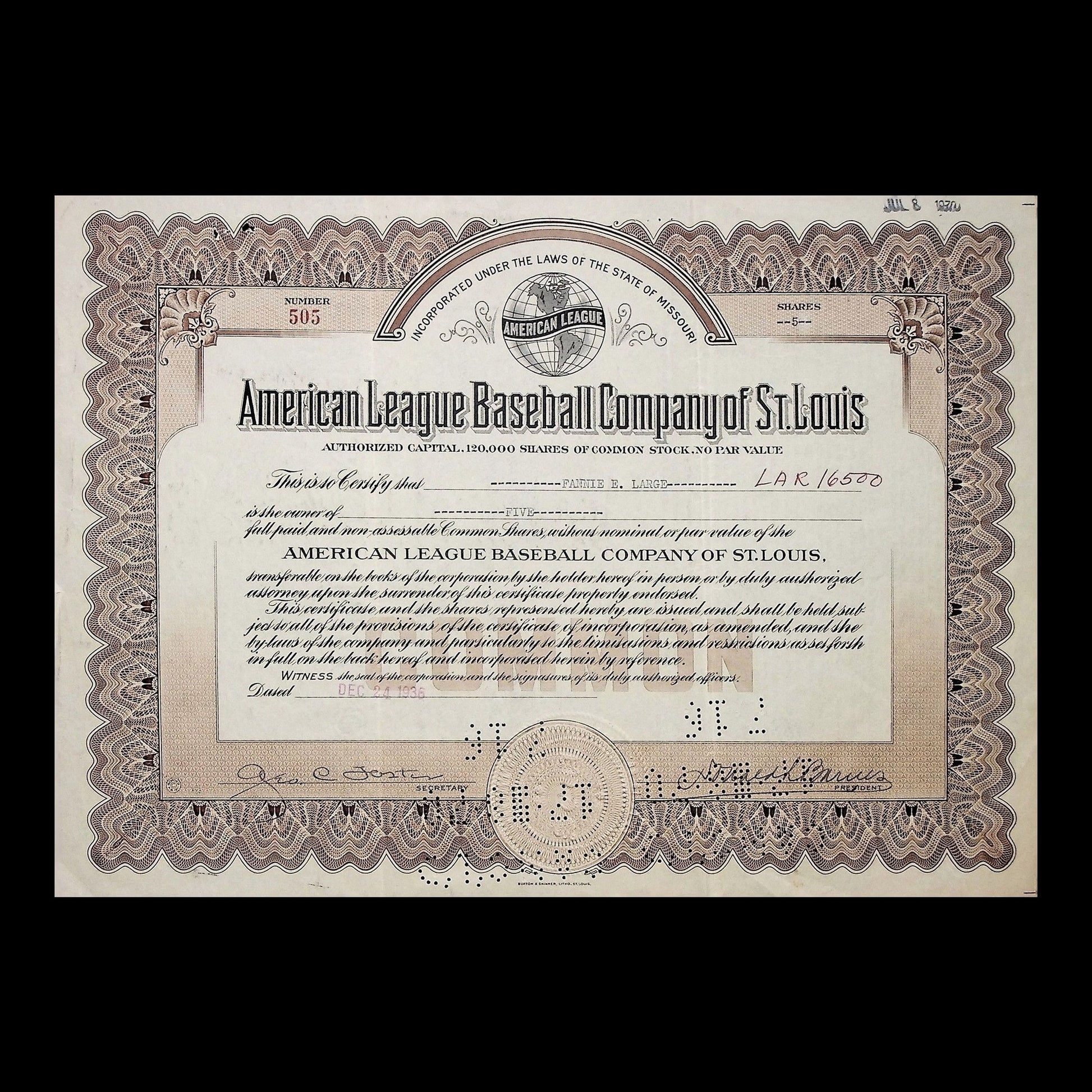 American League Baseball Company of St. Louis Stock Certificate