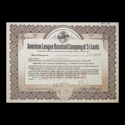 American League Baseball Company of St. Louis Stock Certificate