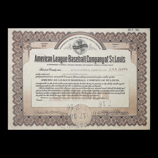 American League Baseball Company of St. Louis Stock Certificate