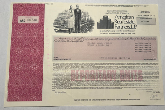 Red American Real Estate Partners Deposit Certificate - issued to Merrill Lynch. Dec 1990