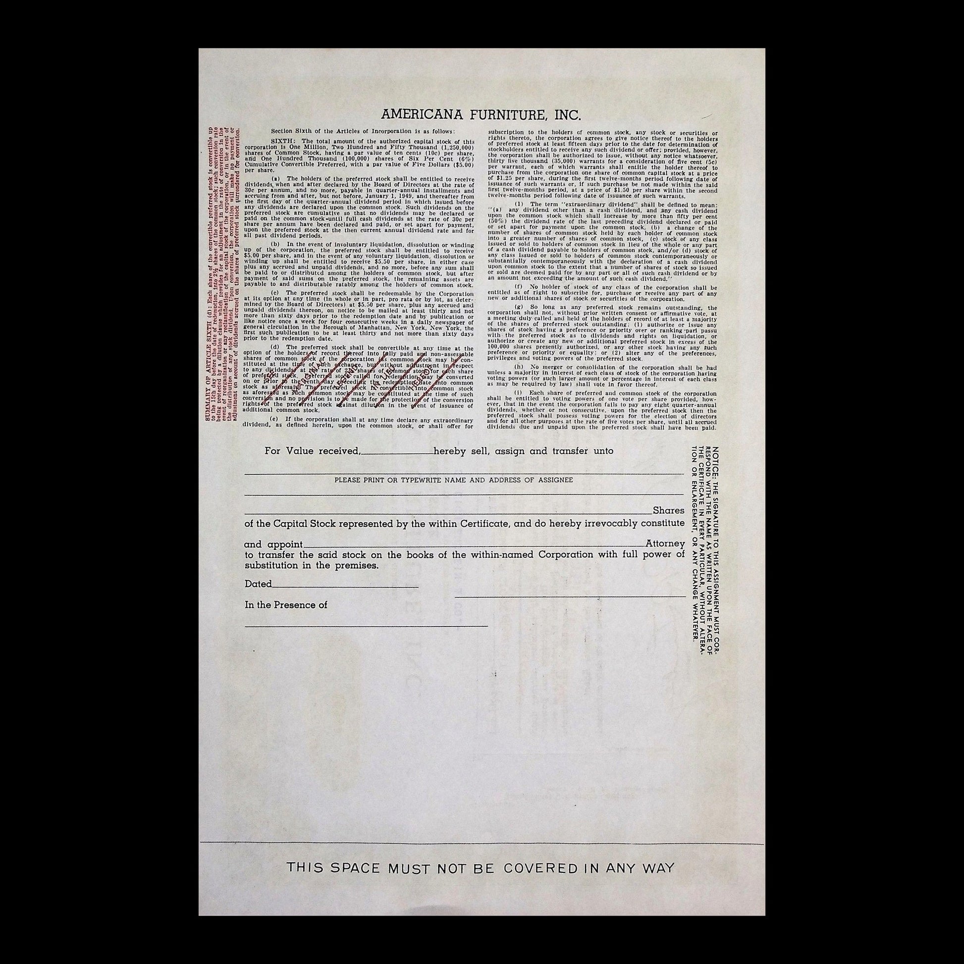 Americana Furniture, Inc. Stock Certificate from 1959