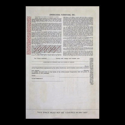 Americana Furniture, Inc. Stock Certificate from 1959