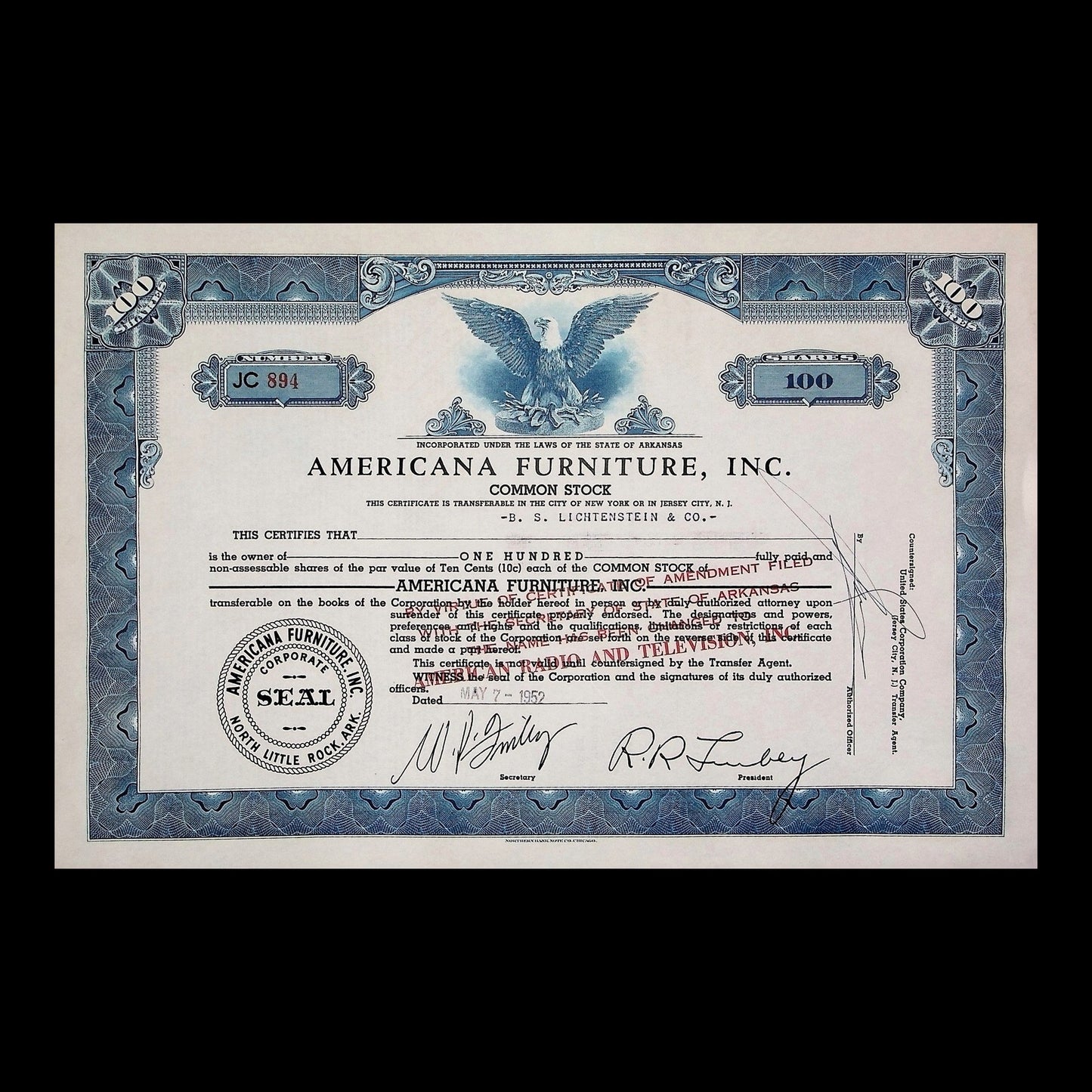 Americana Furniture, Inc. Stock Certificate from 1959