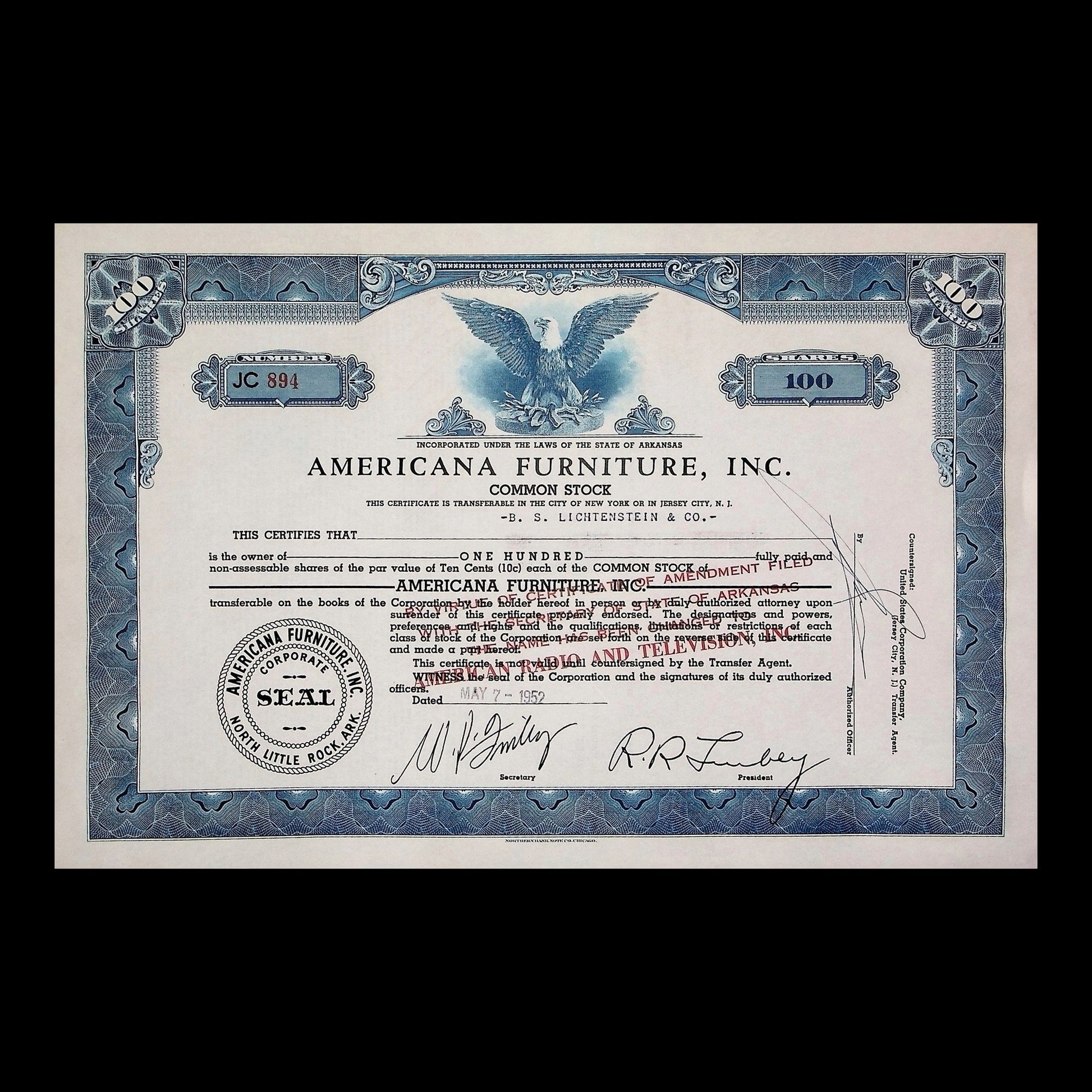 Americana Furniture, Inc. Stock Certificate from 1959