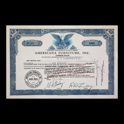 Americana Furniture, Inc. Stock Certificate from 1959
